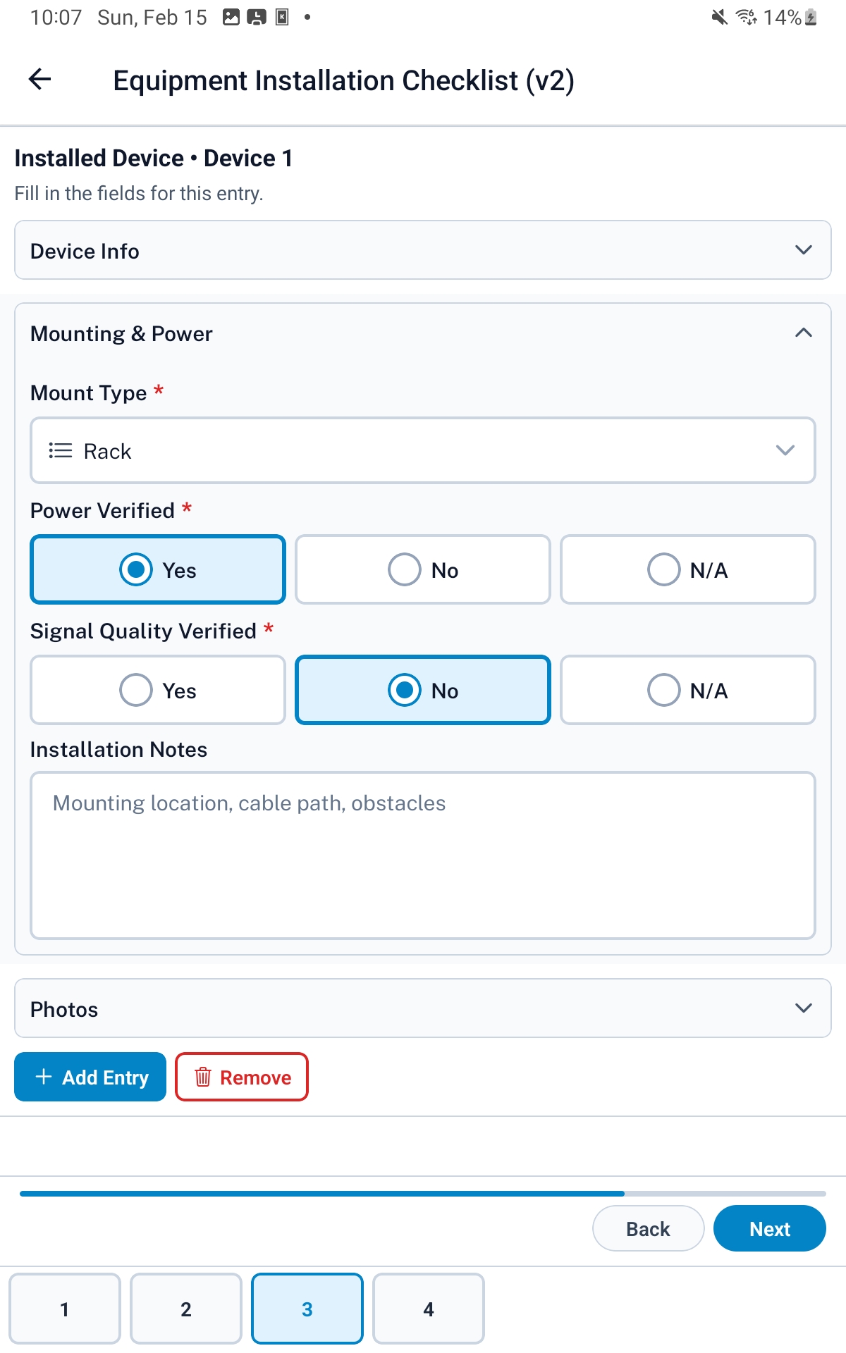 Equipment installation checklist with subforms