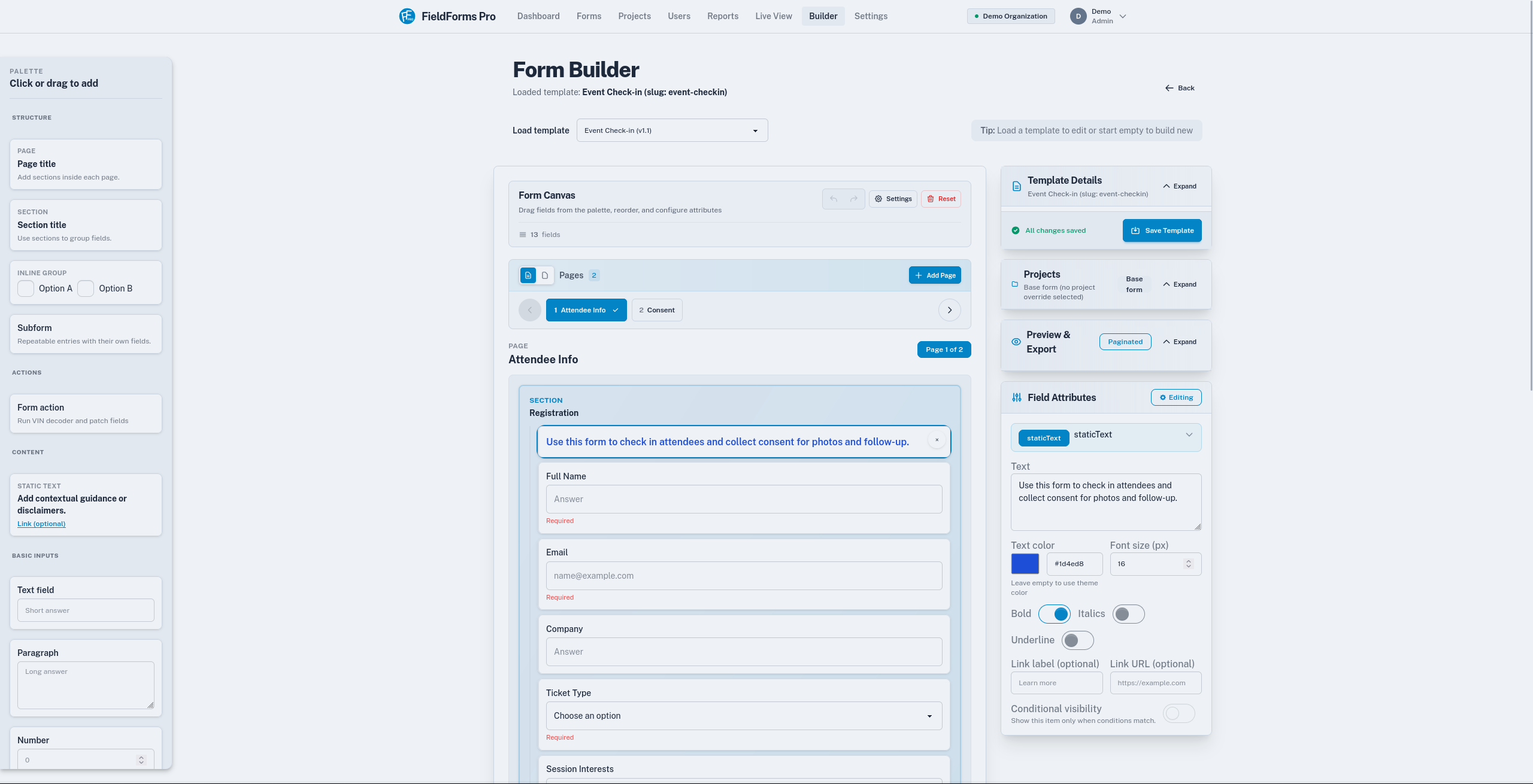 FieldForms Pro form builder showing drag-and-drop interface with field types, form canvas, and field attributes panel